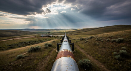 Oil pipeline with large valves and a signboard with russian text, industry infrastructure for energy transportation.
