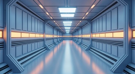 Modern Futuristic Spaceship Corridor with Bright Orange and Blue Lighting