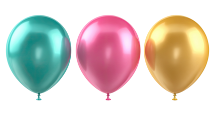 Three glossy balloons, teal, rose gold, and gold, arranged horizontally.  Shiny, reflective surfaces.  Perfect for celebration or party