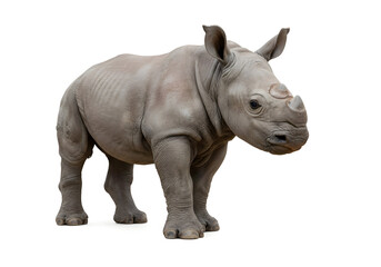Obraz premium A young rhinoceros stands on a white background, exhibiting its unique features and powerful physique, showcasing the beauty of wildlife and nature's diversity.