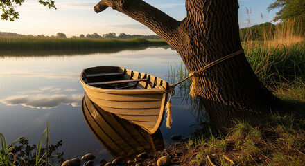 Boat Tied to Tree by Riverside