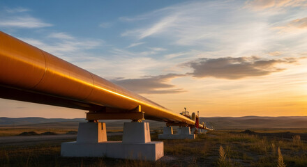 Oil pipeline with large valves and a signboard with russian text, industry infrastructure for energy transportation.