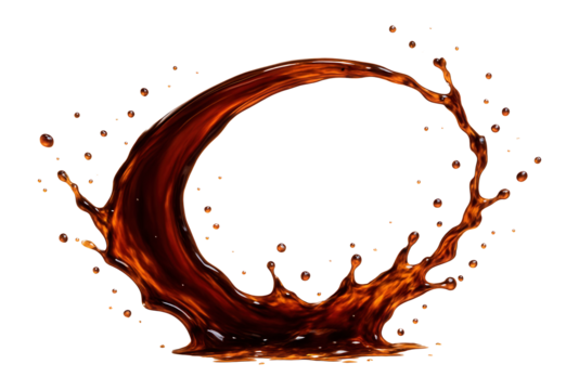 Coffee splash with a dynamic arc of liquid and droplets