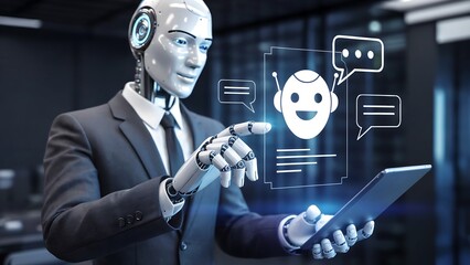 Futuristic humanoid robot in a sharp suit interacts with a digital chatbot interface on a tablet, symbolizing advanced AI and business innovation in a modern office setting.