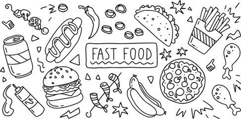 Fast Food Icons, Junk Food Art, Tasty Sketches, Food Doodles, Quick Bites, Snack Illustrations, Fast Food Art, Tasty Treats, Burger Icons, Quick Snack, Fast Food Design, Snack Icons, Flavored Doodles,
