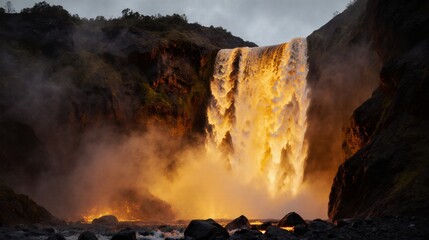Dramatic golden waterfall cascading into a misty river at dusk