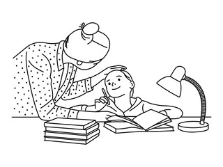 Hand drawn line of mother teaching daughter and helping her with homework at home. education, The family spends time together, family and homework concept, Vector Illustration outline
