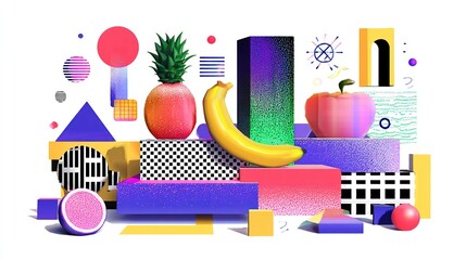 Colorful 3D composition with fruit and geometric shapes