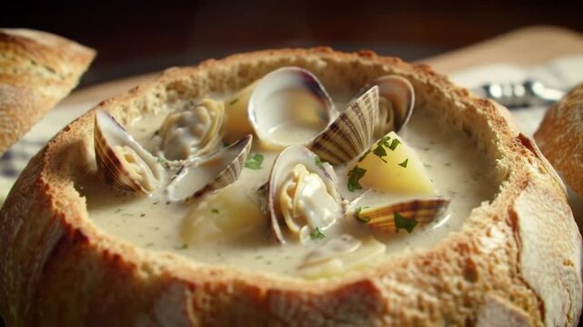 Creamy clam chowder served in a rustic bread bowl with fresh herbs and a cozy kitchen backdrop