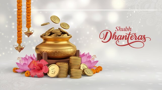 Happy Dhanteras 3D illustration with pot of gold coins