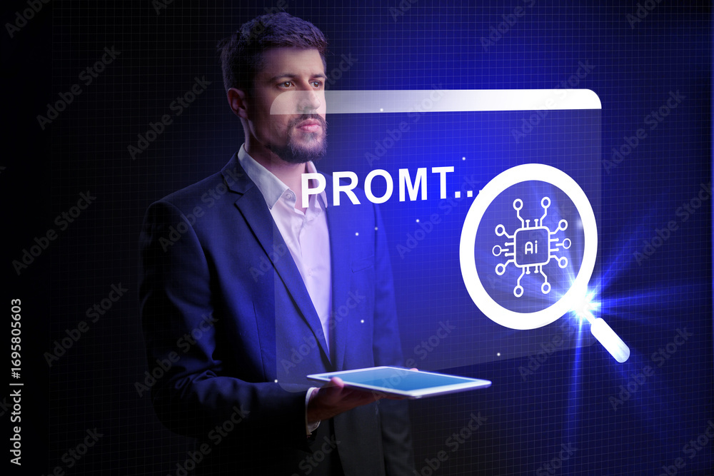 Poster business professional exploring artificial intelligence technology with digital interface at a moder