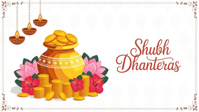 Happy Dhanteras 3D illustration with pot of gold coins
