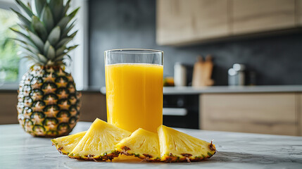 A glass of fresh pineapple juice with pineapple slices stands in the kitchen — a banner for advertising drinks, fruits and a healthy lifestyle