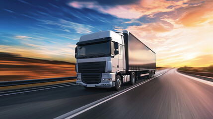 A truck with a trailer drives along a high-speed highway between fields against the background of a sunny sky - a concept of fast and reliable delivery of goods