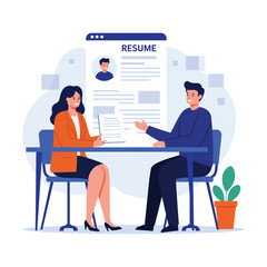 Vector art of two people are sitting at a table, one is interviewing the other, with a resume displayed on a screen