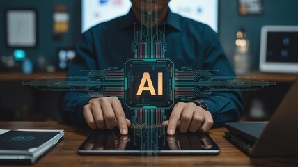 Man using AI technology on tablet