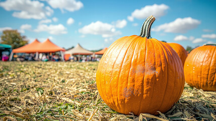 Ripe bright pumpkins lie in a field next to the tents of an autumn festival — a banner for advertising fairs, harvesting and seasonal events