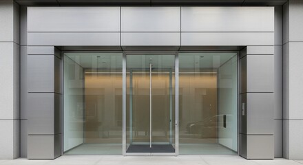 Sleek Modern Office Entrance with Glass Doors and Metal Facade