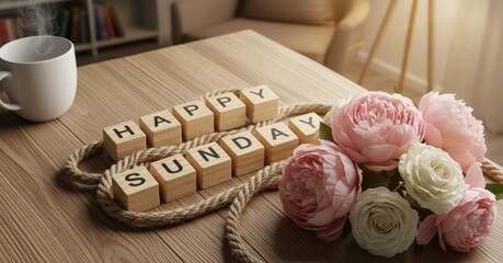Happy Sunday Morning Still Life with Coffee and Flowers Relaxing Concept