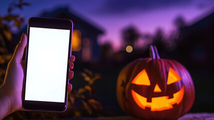 A smartphone with a white screen mockup stands next to a Halloween pumpkin against the backdrop of a private house — a banner for Halloween advertising of applications and technologies