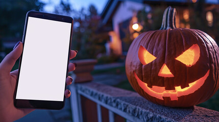 Smartphone with a white screen mockup next to a Halloween pumpkin against the background of a private house