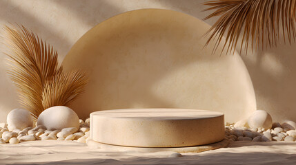 Natural Product Display with Palm Leaves and Stones