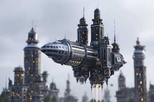 Futuristic city ship, hovering over a cityscape