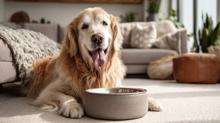 Senior golden retriever dog eating from its bowl inside a house