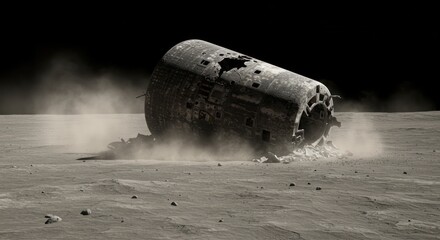 Damaged spacecraft on a dusty rocky lunar surface against a black sky