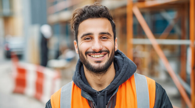 Motivierter t&uuml;rkischer Bauarbeiter auf Baustelle in Deutschland
