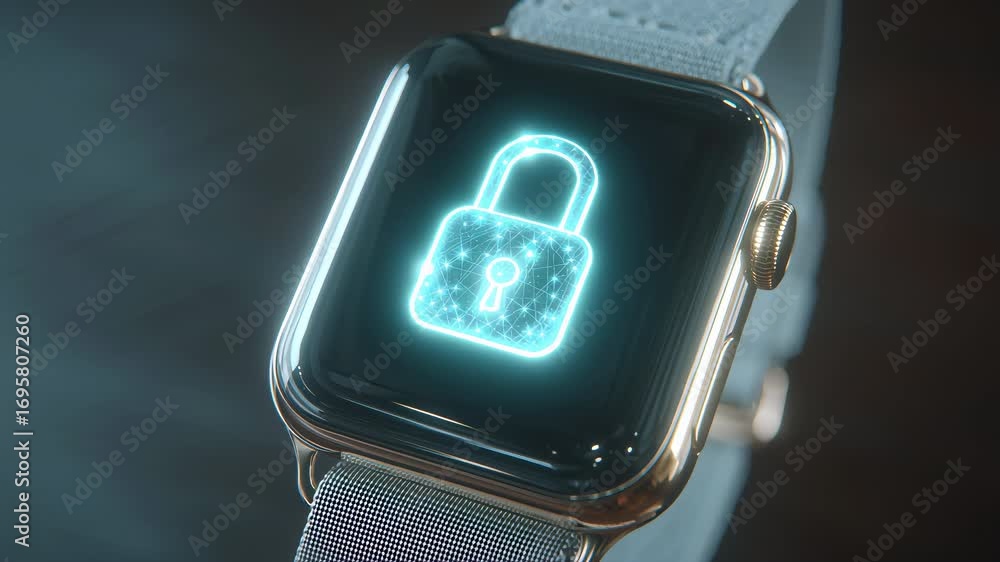 Poster close up of smartwatch showcasing glowing lock hologram symbolizing advanced security and data prote