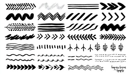 Collection of black and white hand-drawn graphic design elements, including zigzags, waves, arrows, and brushstrokes