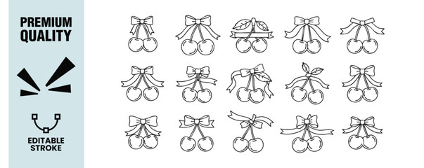 Obraz premium Set of cherry icons collection of different hand drawn cherry icons with bows vector illustration in doodle style sweet berry with ribbon for decoration and design