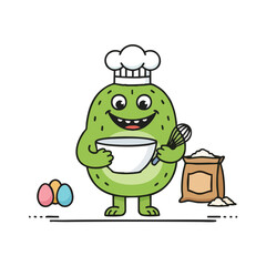 Cute green cartoon monster chef character baking with a bowl whisk eggs and flour.