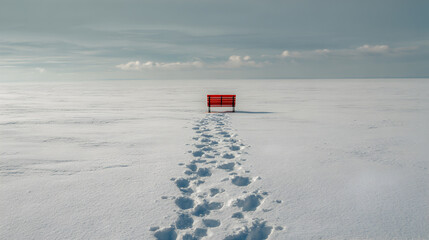 Red Bench and Footprints in a Vast, Snowy Field