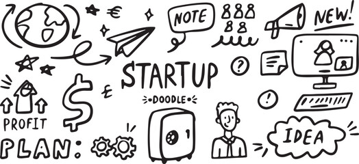 Startup Outline Vector – Hand Drawn Business, Entrepreneurship, Innovation, Note, Idea, Doodle Clipart, Minimal Black and White Illustration