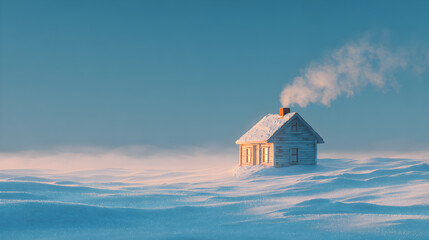 Cozy Cabin with Smoke Rising in a Snowy Field
