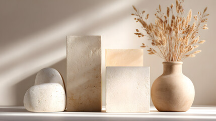 Earthy Tone Product Display with Pampas Grass and Stone Podiums
