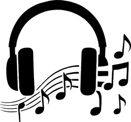 Silhouette of Headphones with Musical Notes Flowing Out - Melody Concept  With White Background 