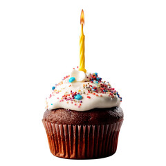 Birthday cupcake with lit candle topped with colorful frosting and sprinkles, festive dessert isolated on bright background, sweet celebration concept for party, holiday, kids, and joyful occasions