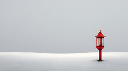 Minimalist Winter Scene with a Red Lantern Post
