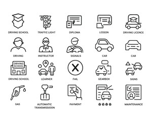 Fototapeta premium Set of outline icons related to driver school. Linear icon collection