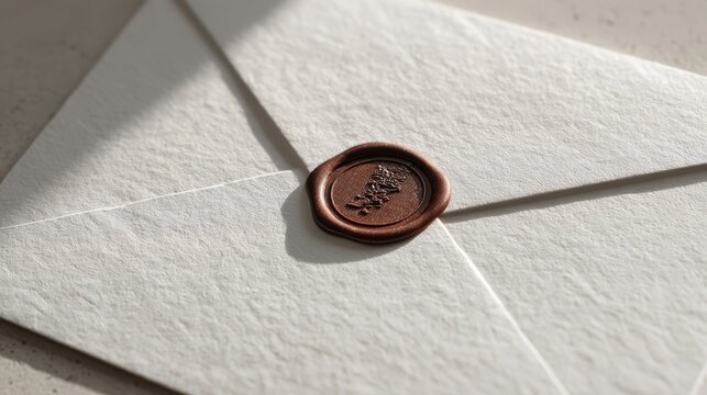 A Crystal Clear photo of paper craft of a white envelope with a small wax seal, raised slightly from the textured paper background, modern minimalist design, subtle volume, soft warm.