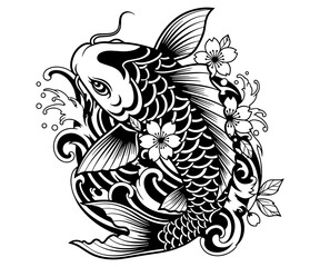 Black and White Koi with Cherry Blossom Design