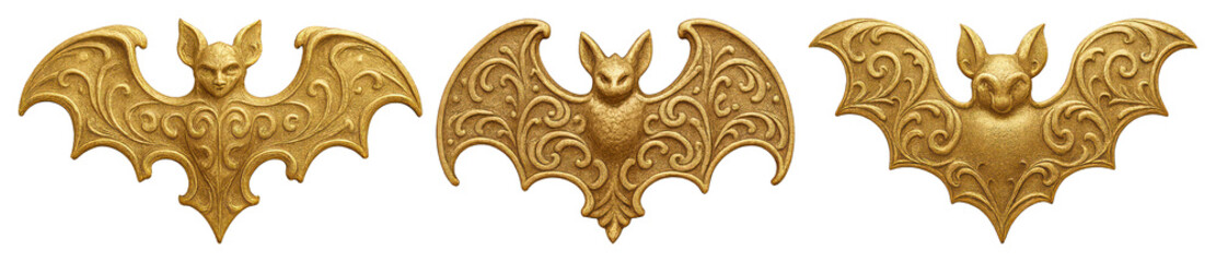 PNG Ornate golden bat designs, element set on transparent background
