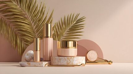 Luxury Cosmetic Product Display with Tropical Palms
