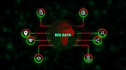 Big Data Internet Information ,new business concept ,tee icon attached around the map features the concept of network and technology confirmed. the map is rotating ,specify all icons, - Powered by Adobe