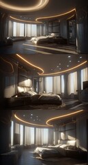 Luxurious bedroom with a curved, modern design and abundant natural light.