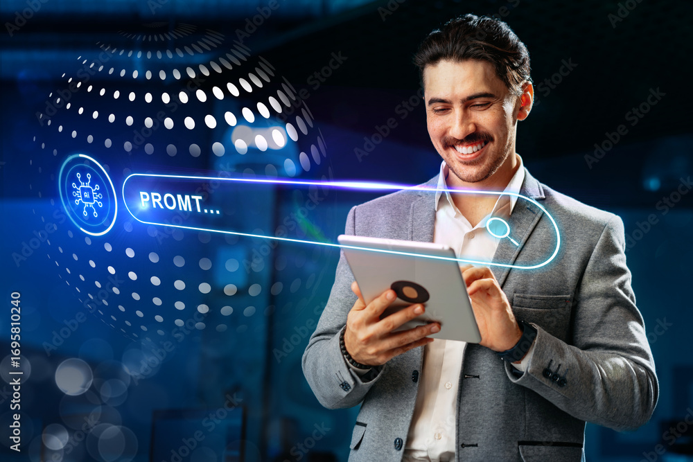 Poster professional man engaged in digital interaction while smiling in a modern office environment during 