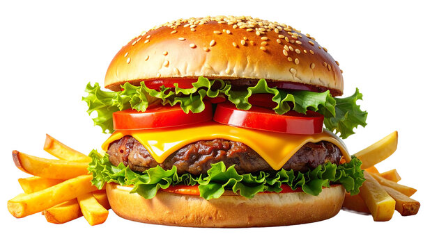 High-quality gourmet beef burger with fries isolated on white background, perfect fast food and junk food concept.